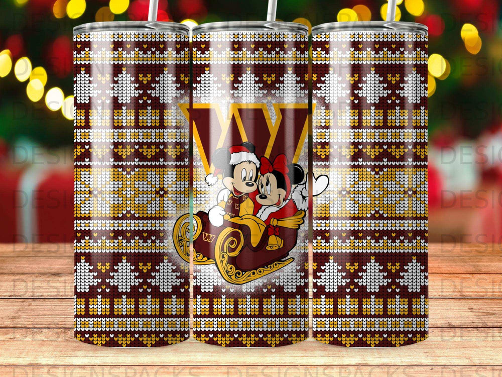 Mickey and Minnie Mouse in sleigh with Washington Commanders logo on festive sweater pattern.
