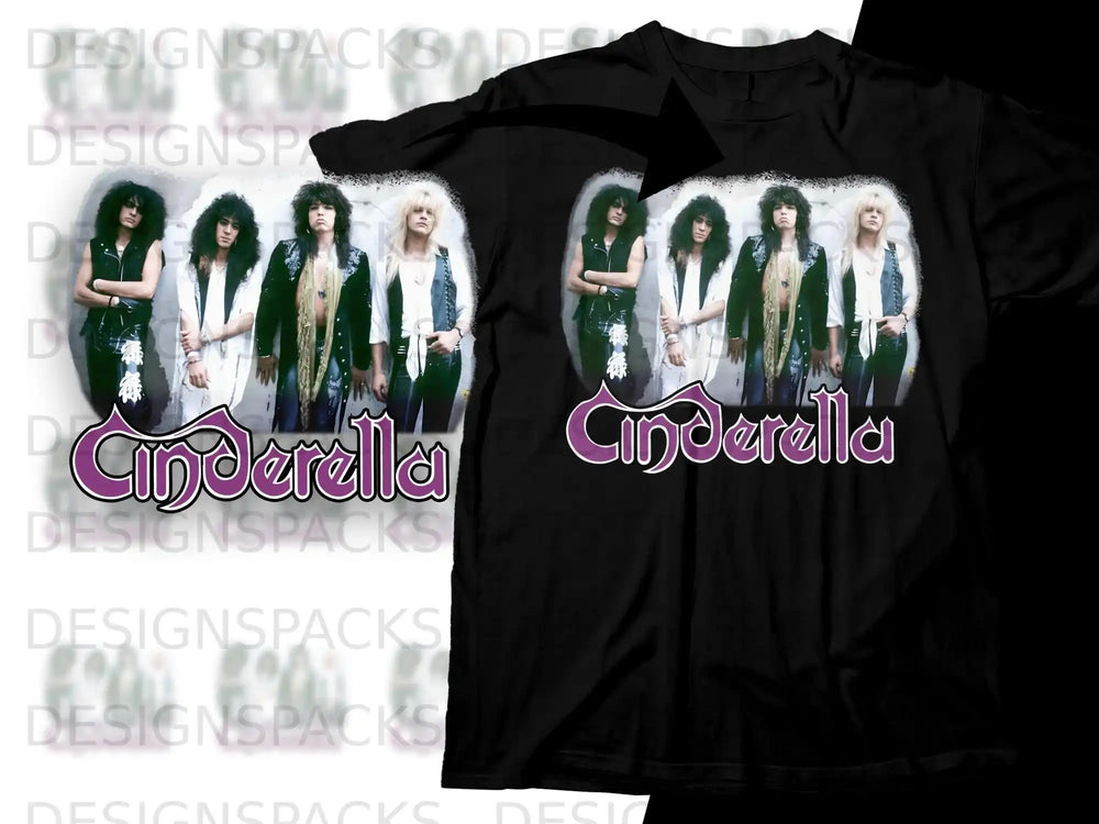 Cinderella band members in white outfits on a black t-shirt.