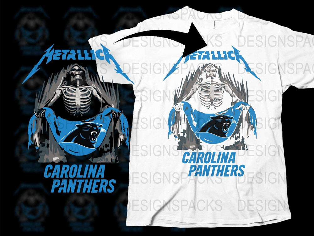 Metallic Carolina Panthers T-Shirt, Skeleton Graphic, Football Fan Apparel, Unisex White Tee