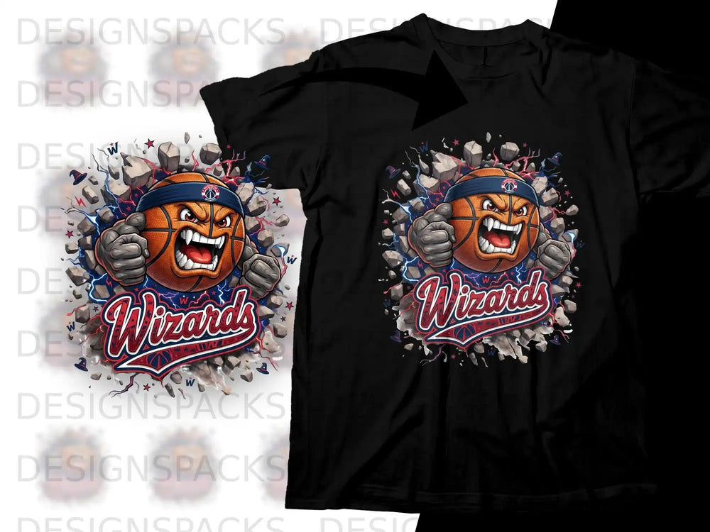 Black t-shirt with animated basketball character and "Wizards" text.