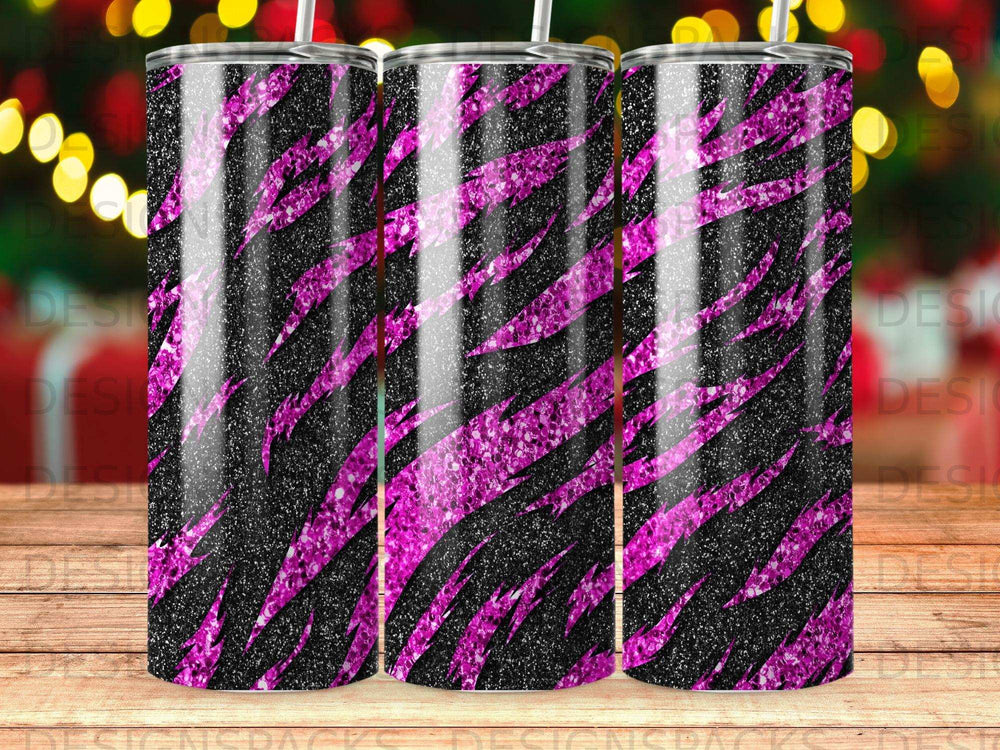 Black and pink glitter tiger stripe pattern on a tumbler.