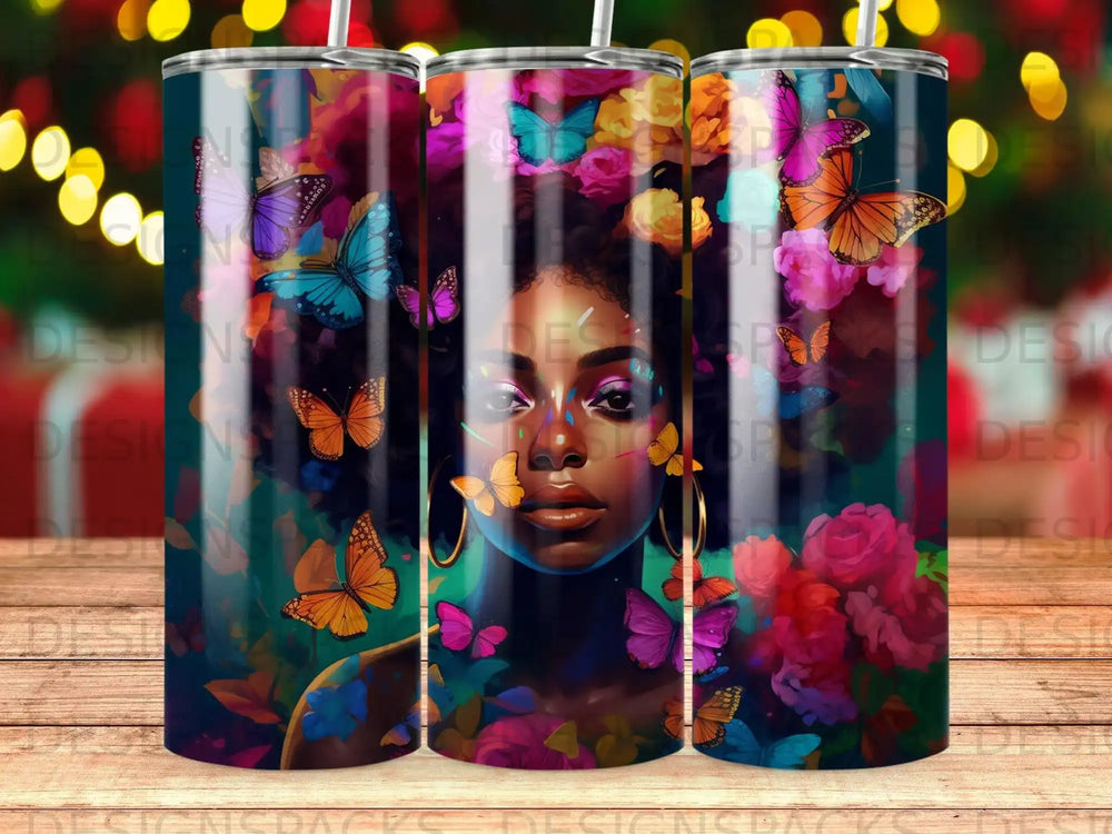 Woman with butterflies and flowers on a tumbler.