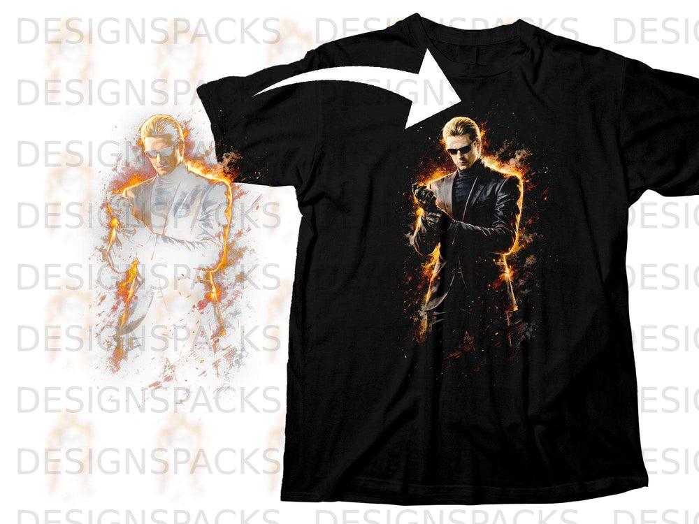 Black t-shirt with Albert Wesker and fire graphic.