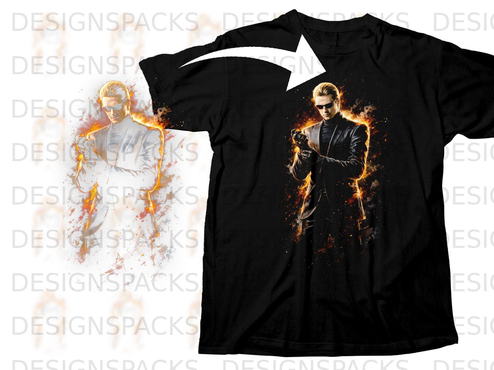 Black t-shirt with Albert Wesker and fire graphic.