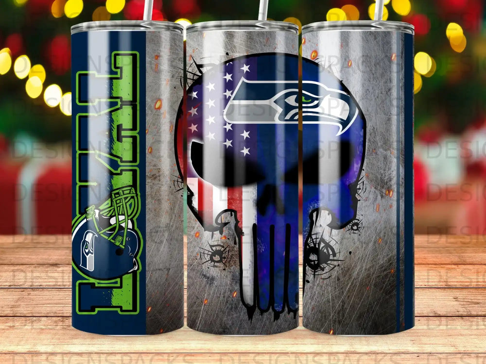 Seattle Seahawks skull American flag tumbler with metallic scratched background.