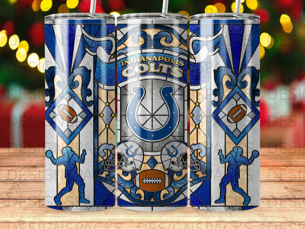 Indianapolis Colts tumbler with football, horseshoe, and helmet designs.