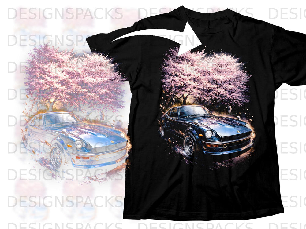 Black t-shirt with a dark blue car and pink cherry blossoms graphic.