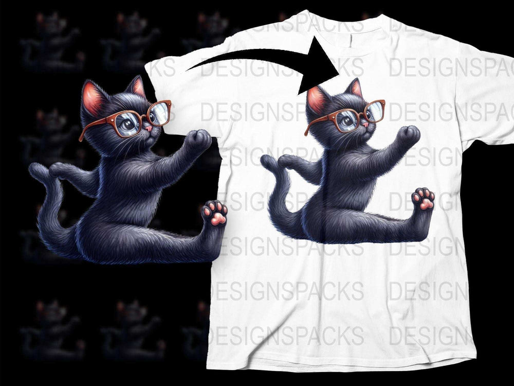 Cute Black Cat T-Shirt, Funky Glasses Kitten Graphic Tee, Cool Animal Print Shirt