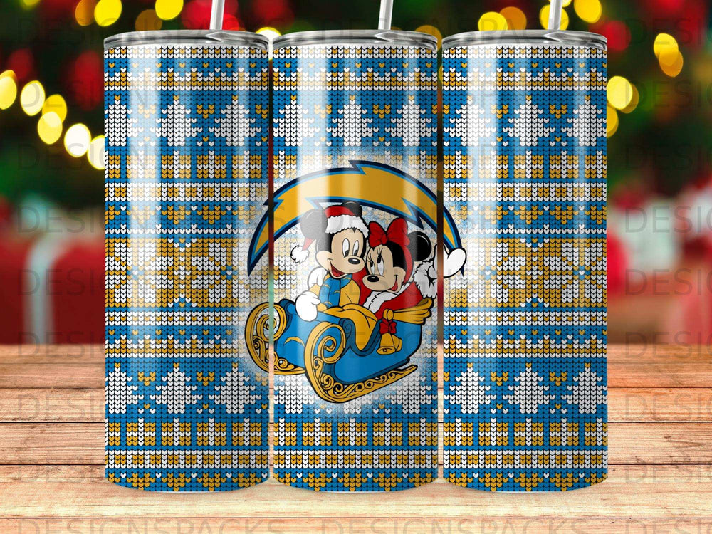 Mickey and Minnie in a sleigh with Los Angeles Chargers logo, holiday sweater pattern.