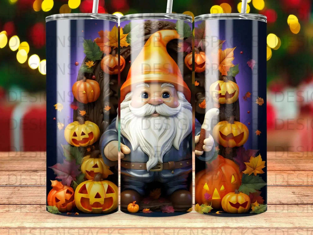 Gnome with pumpkins and autumn leaves on a tumbler.