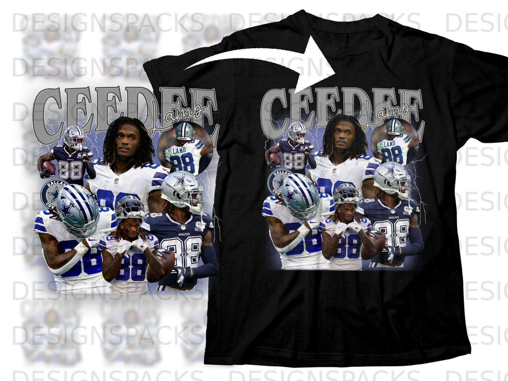 Dallas Cowboys player CeeDee Lamb on t-shirt graphic.