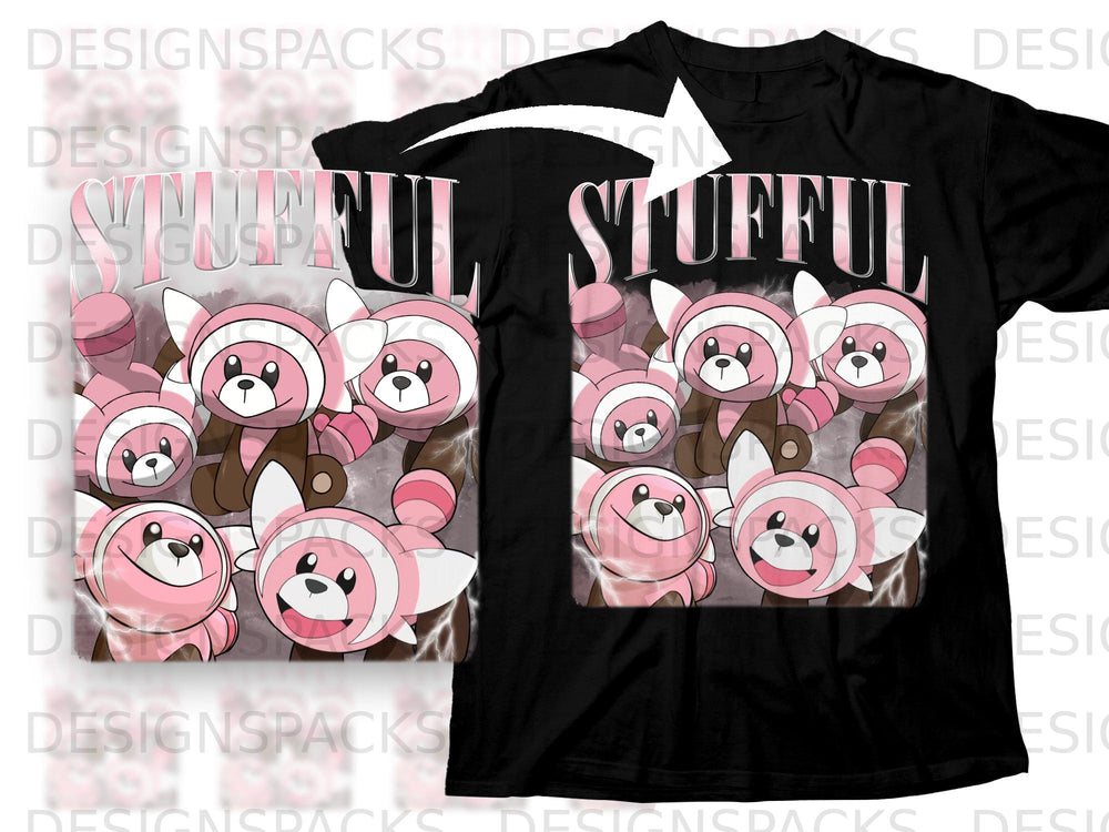 Black t-shirt with "STUFFUL" text and cartoon pink bear characters.