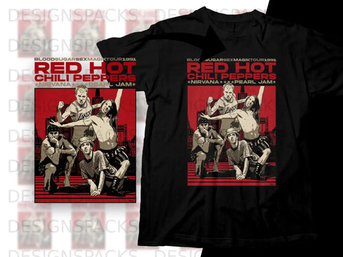 Red Hot Chili Peppers concert t-shirt with band members and tour text.