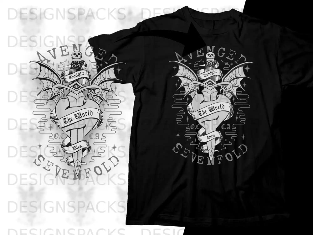 Black t-shirt with Avenged Sevenfold logo featuring a dagger through a heart and wings.