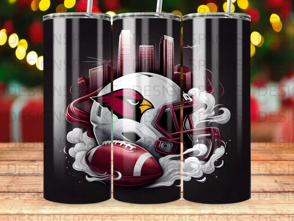 Arizona Cardinals helmet and football with city skyline.