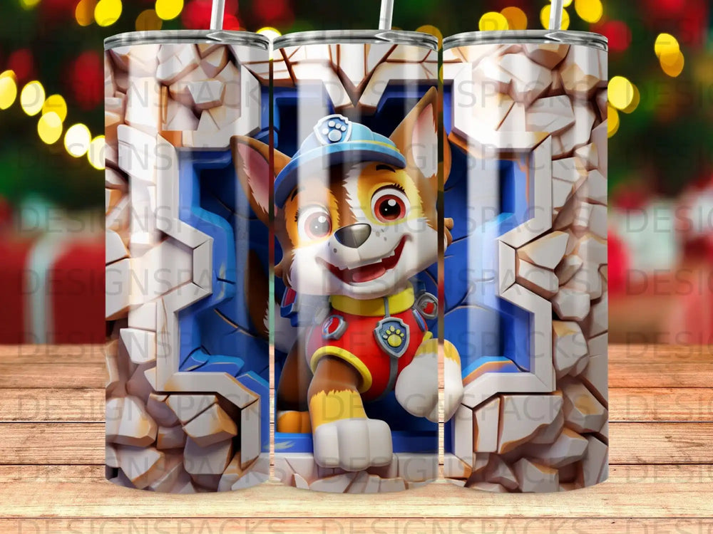 Cartoon puppy in a blue hard hat and red vest, looking through a cracked wall.