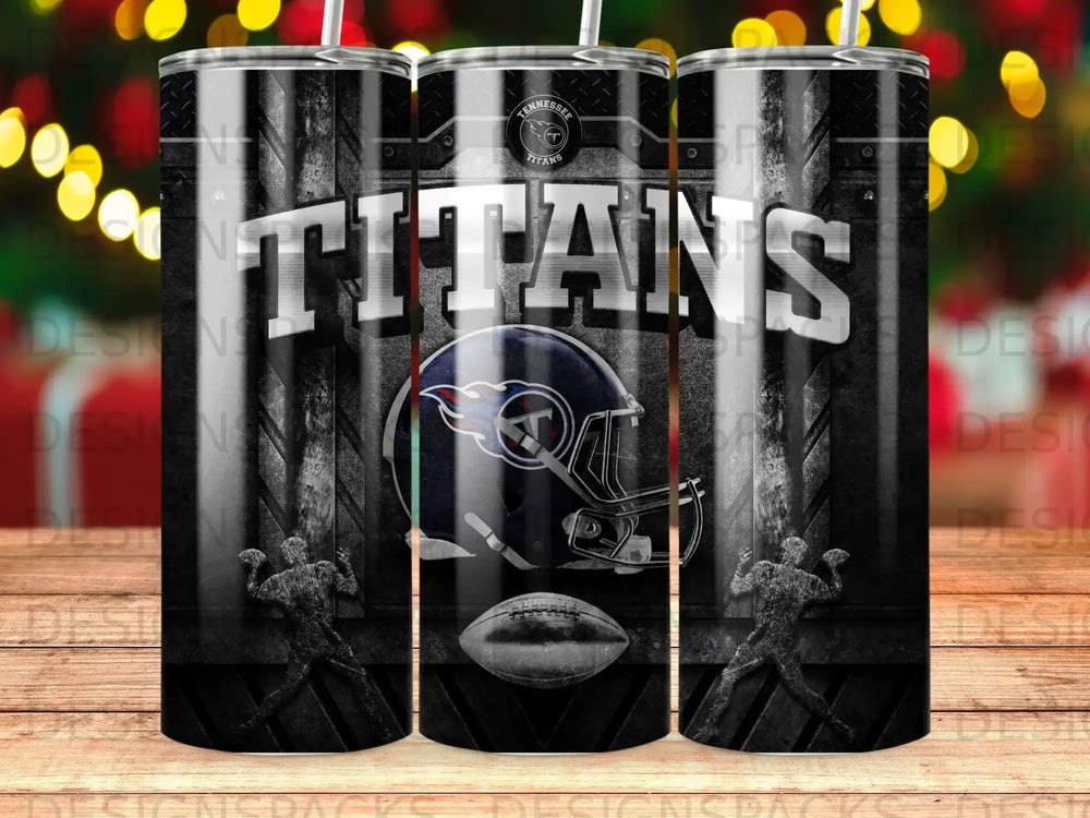 Tennessee Titans helmet and football logo on a black patterned background.