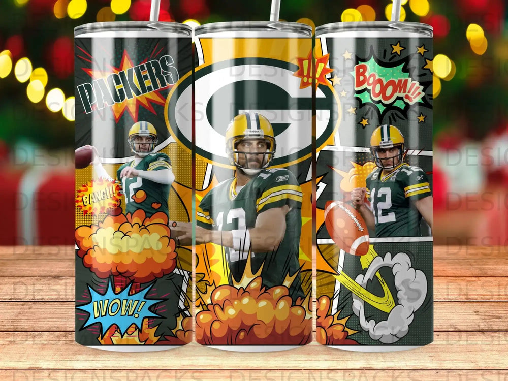 Green Bay Packers players throwing footballs in comic book style with "PACKERS" text.