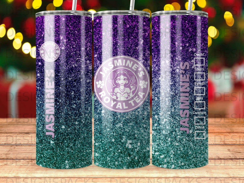 Jasmine's Royal Tea tumbler with purple and teal glitter design and menu options.