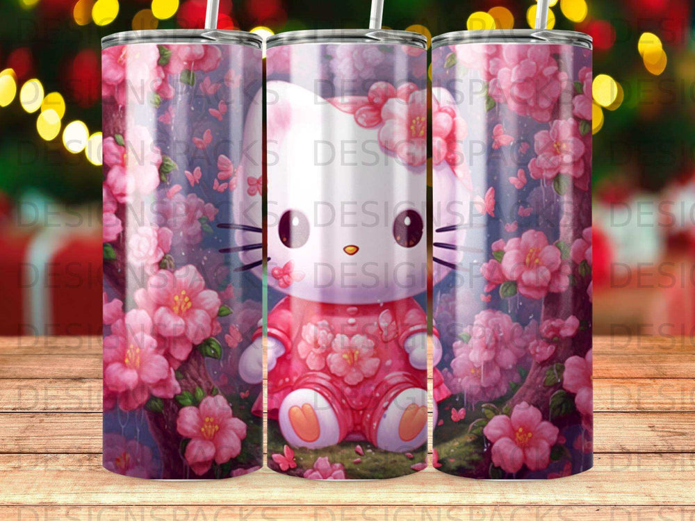 Pink Hello Kitty character in a dress surrounded by cherry blossoms.