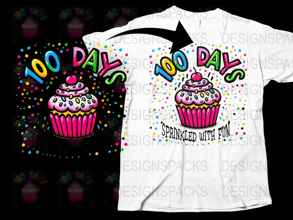 '100 Days of School T-Shirt with Colorful Cupcake and Sprinkles Design, Fun Kids Celebration Tee'