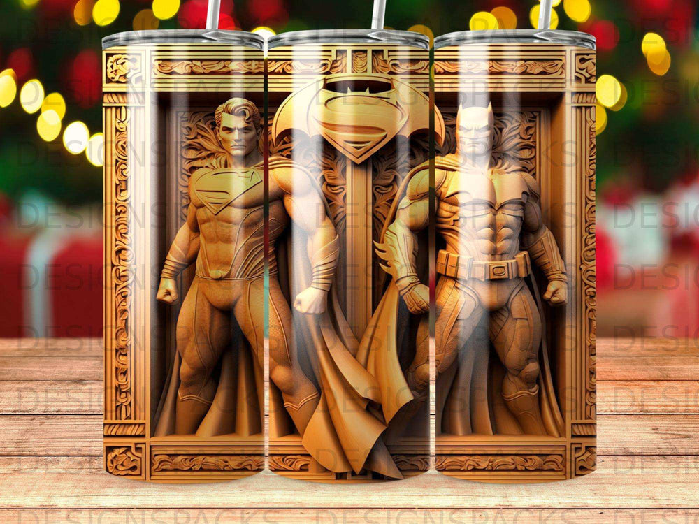 Superman and Batman embossed on a wooden frame on a tumbler.