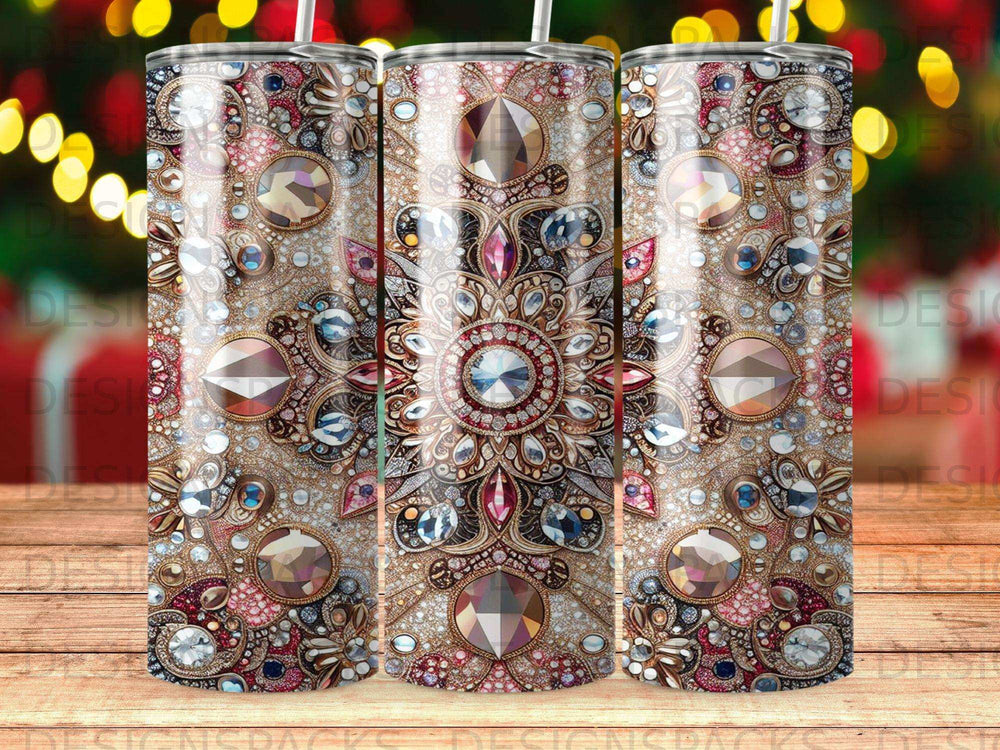 Three tumblers with intricate, jeweled mandala designs and bokeh background.