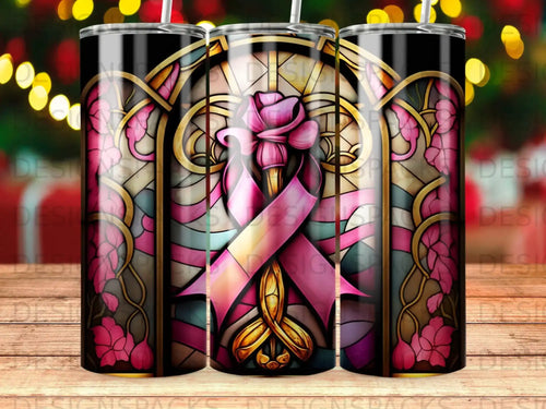 Stained glass with pink ribbon and Celtic knot design on a tumbler.