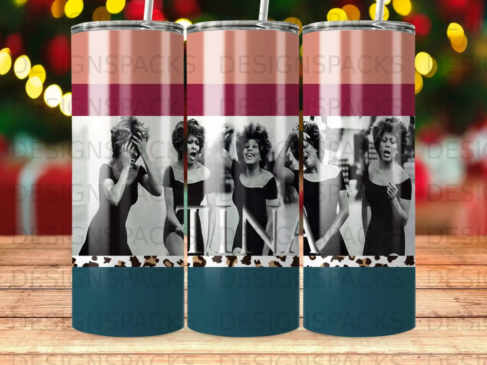 Tumbler with a repeating pattern of singers and leopard print.
