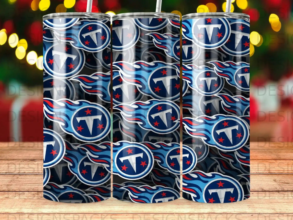 Tennessee Titans logo pattern on three tumblers with bokeh lights background.