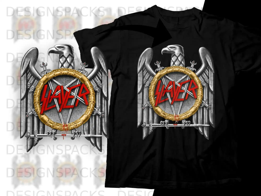 Black t-shirt with Slayer logo featuring a winged eagle and swords.