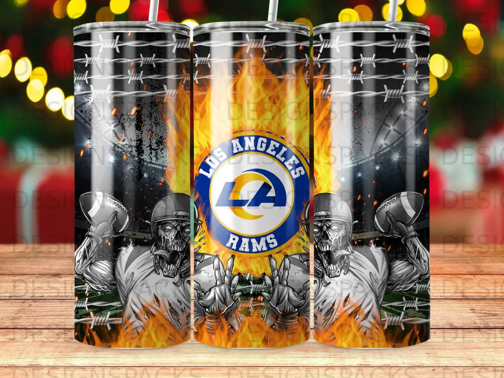 Los Angeles Rams skull mascots on tumblers with barbed wire and flames.