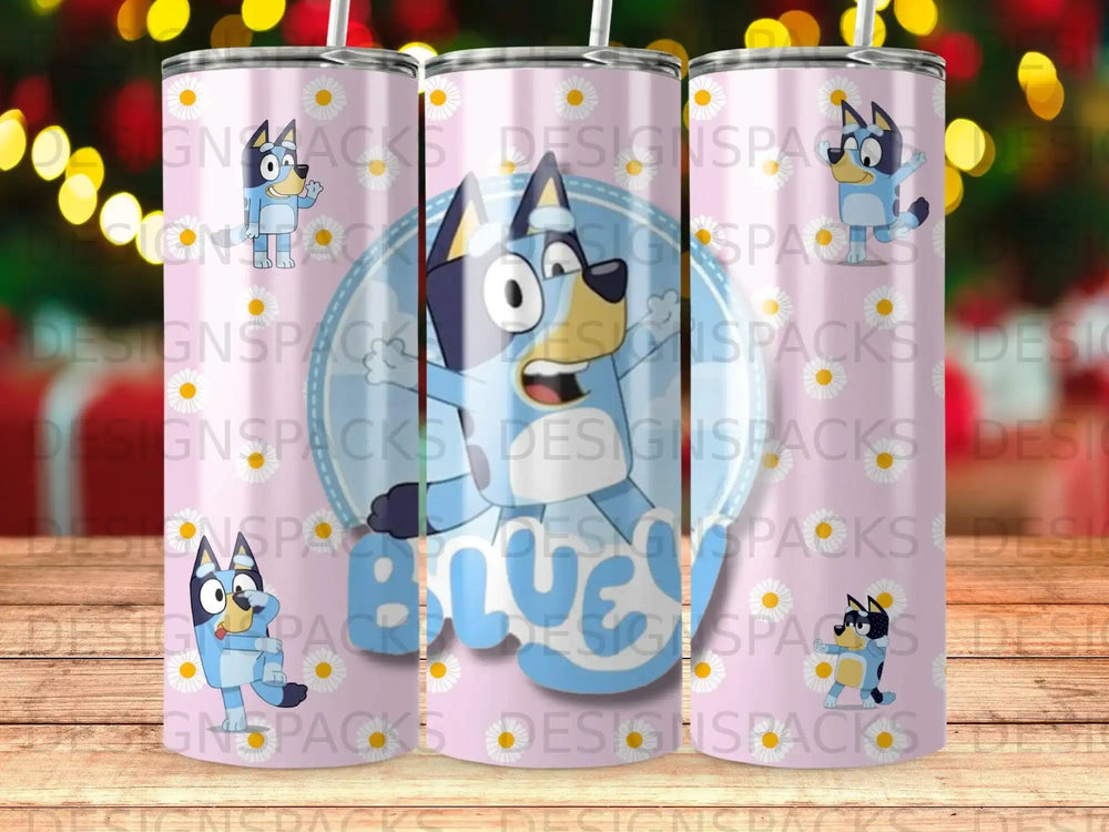 Bluey and Bingo characters on a pink floral background with "Bluey" text.