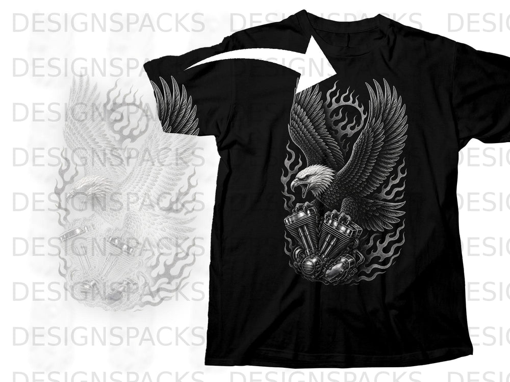 Black t-shirt with an eagle and motorcycle engine graphic with flames.