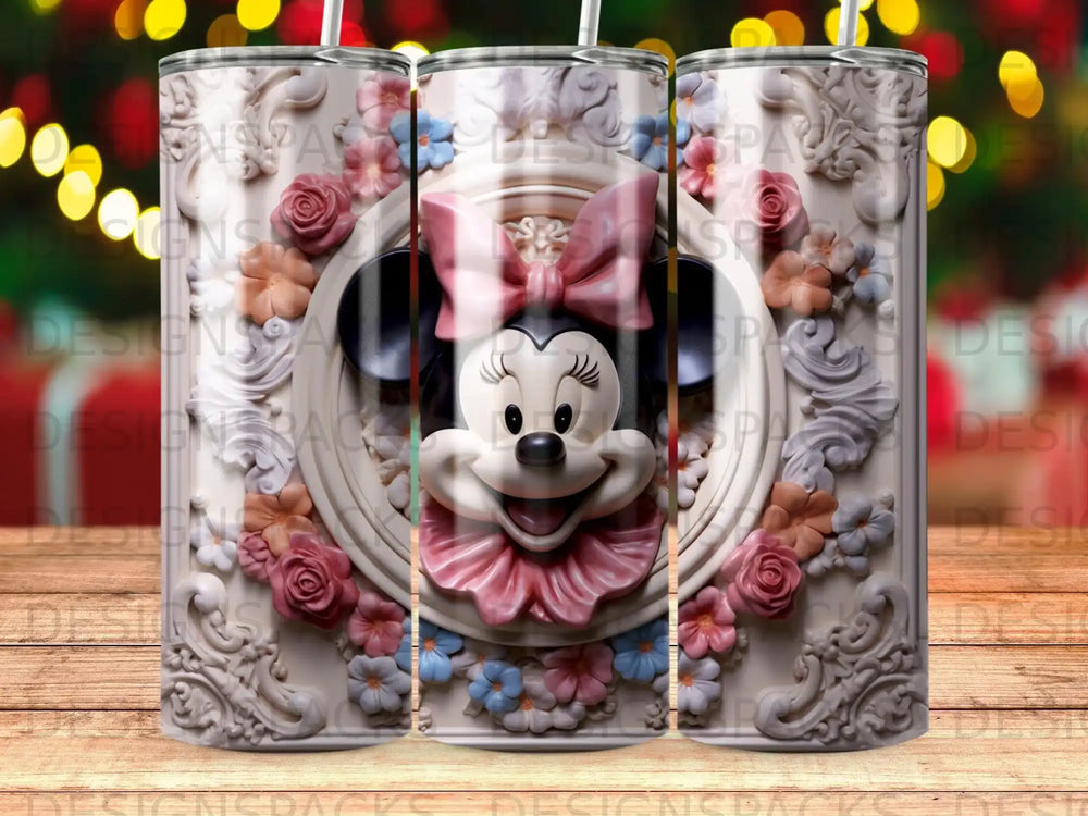 Minnie Mouse face on a tumbler with floral embossed pattern.