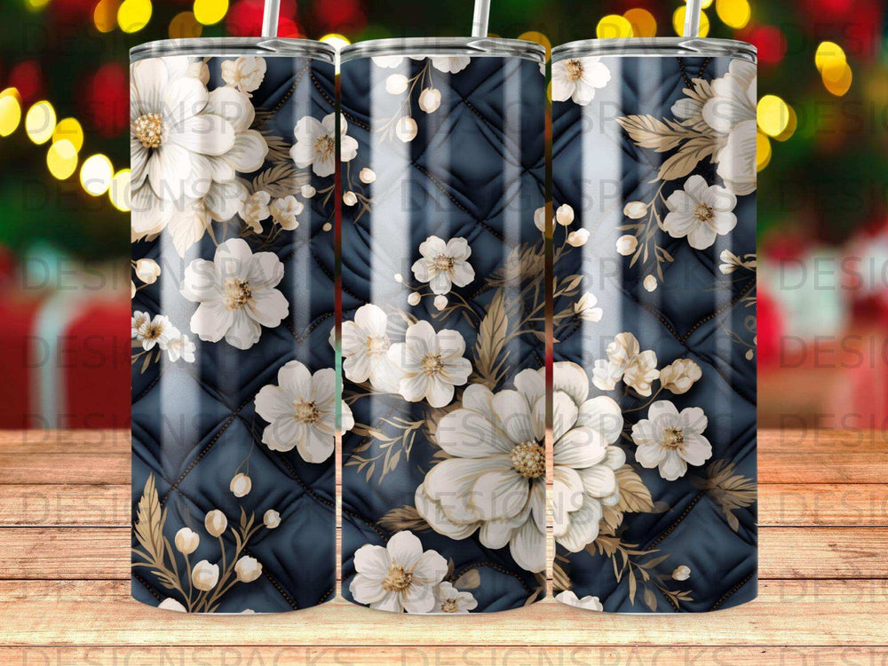 Dark navy quilted tumbler with white and gold floral design.