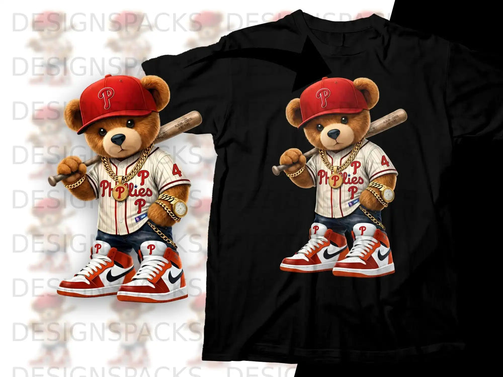 Bear mascot wearing Phillies jersey and jewelry, holding baseball bat.