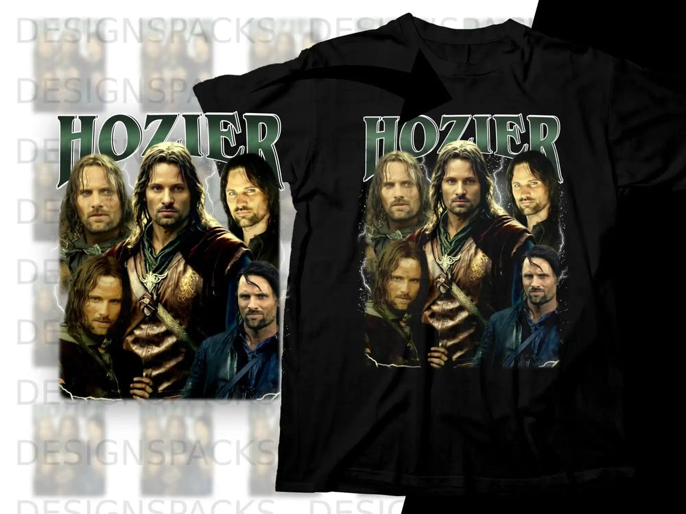 Black t-shirt featuring a collage of four men from The Lord of the Rings.