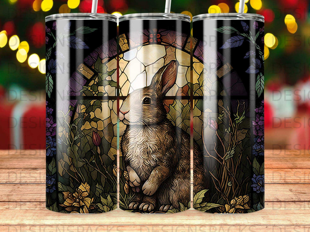 Stained glass art of a brown rabbit with floral accents.