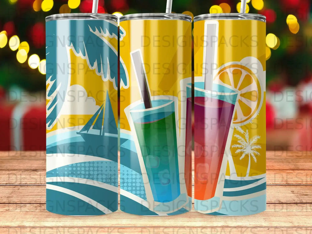 Three colorful tumblers with tropical beach designs and a citrus slice.