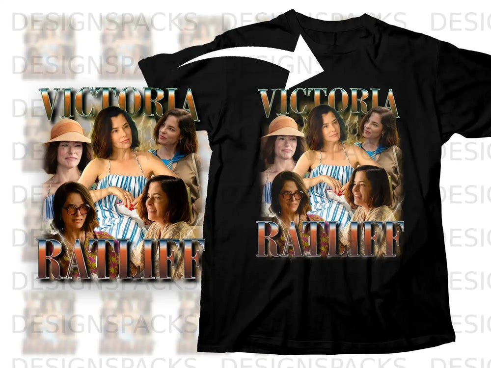 Black t-shirt featuring a collage of four images and "VICTORIA RATLIFF" text.
