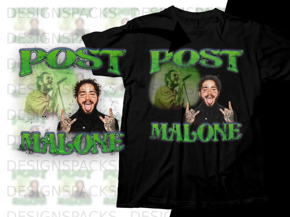 Post Malone graphic t-shirt with green lettering and artist photo.