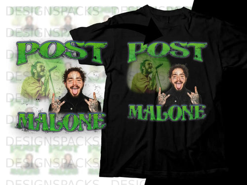 Post Malone graphic t-shirt with green lettering and artist photo.