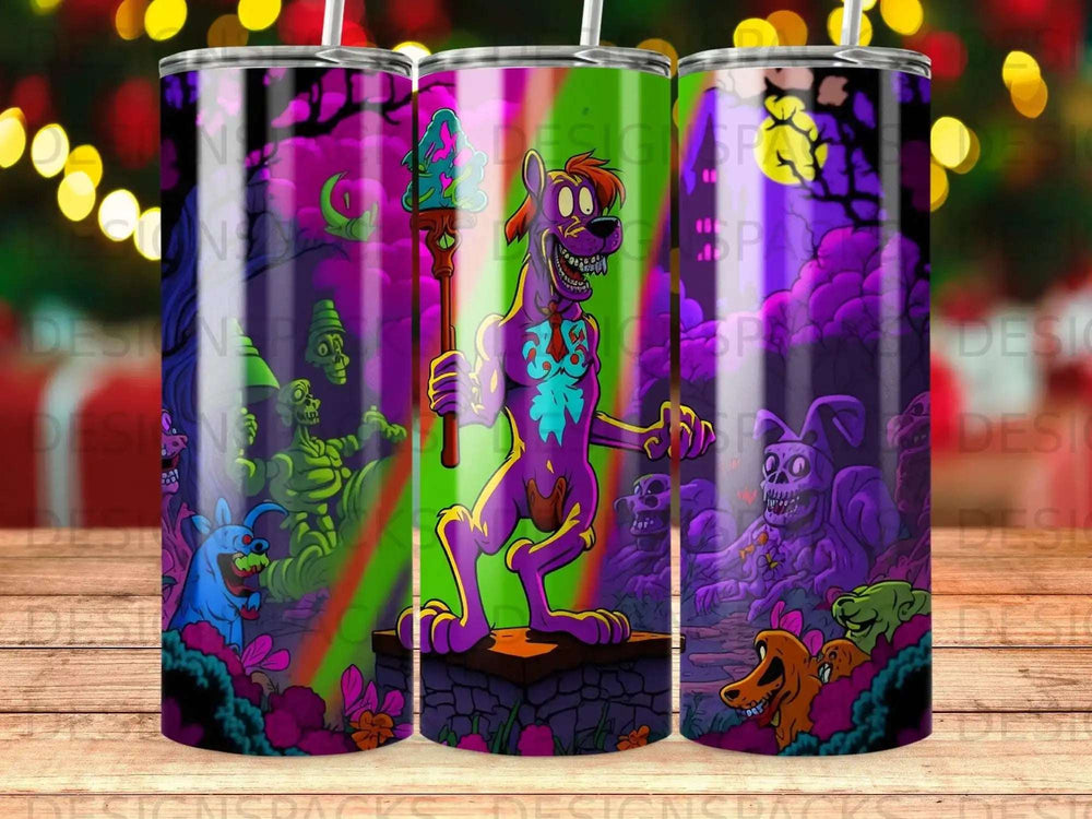 Cartoon dog with a staff on a purple and green landscape.