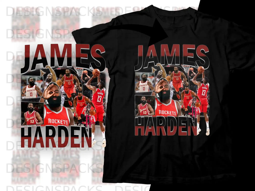 James Harden graphic t-shirt with Rockets player and text.