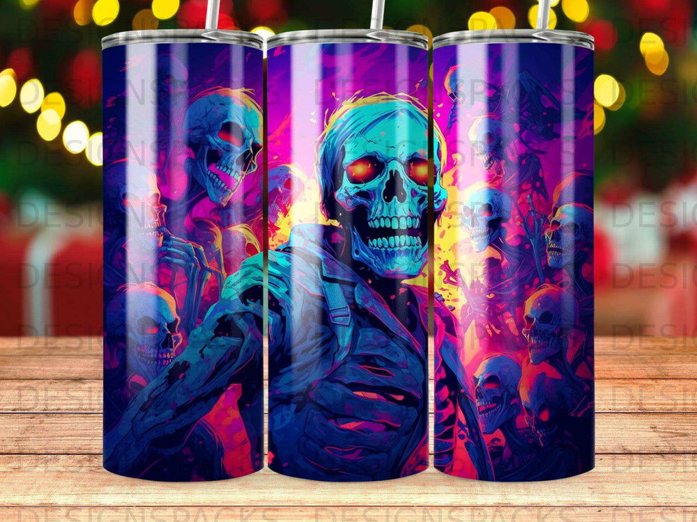 Skeleton figure in vibrant purple and blue hues with glowing orange eyes.