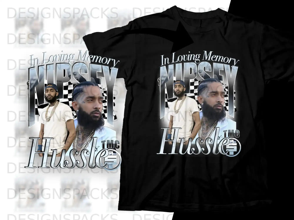 T-shirt with "In Loving Memory Nipsey Hussle TMC" and portrait of Nipsey Hussle.
