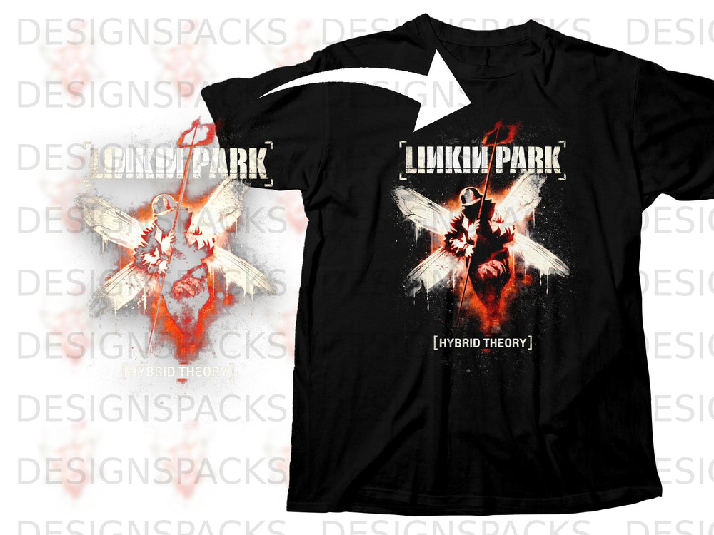 Black t-shirt with Linkin Park "Hybrid Theory" album artwork featuring a winged figure and flag.