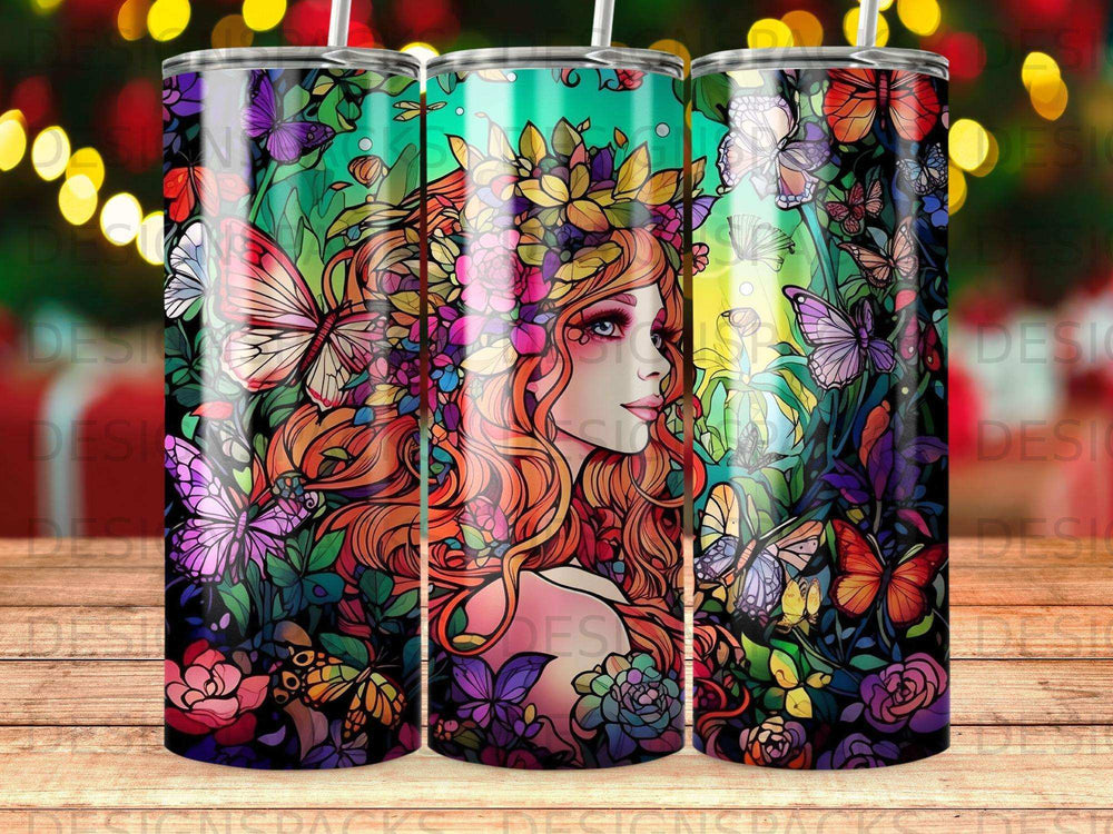 Woman with long red hair and flowers in her hair surrounded by butterflies.