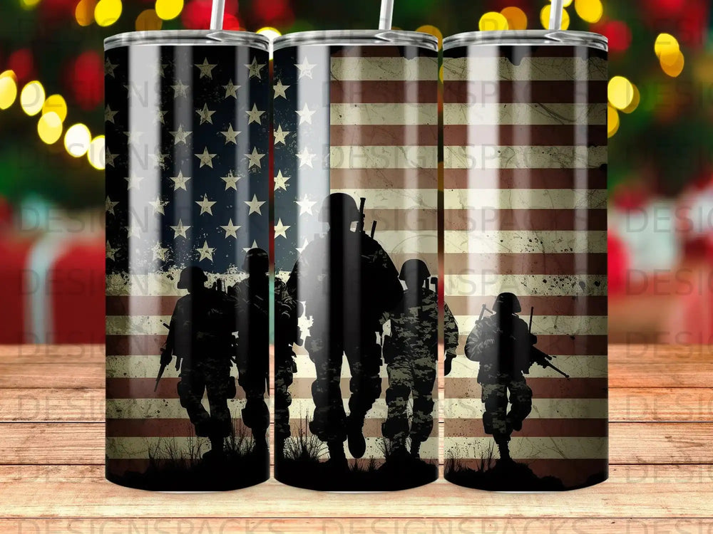 Silhouettes of soldiers against an American flag background on tumblers.
